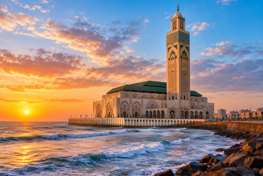 Hassan II Mosque overlooking the Atlantic Ocean in Casablanca, Morocco