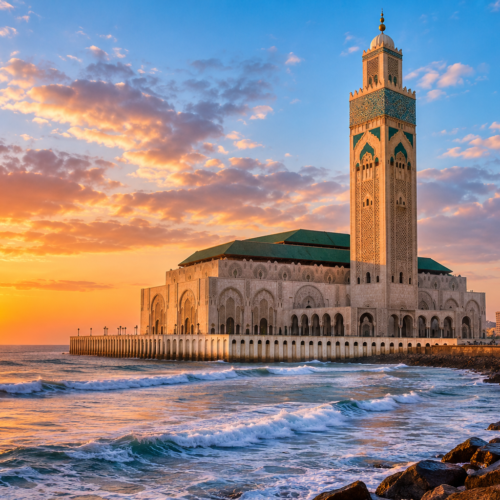 Hassan II Mosque overlooking the Atlantic Ocean in Casablanca, Morocco