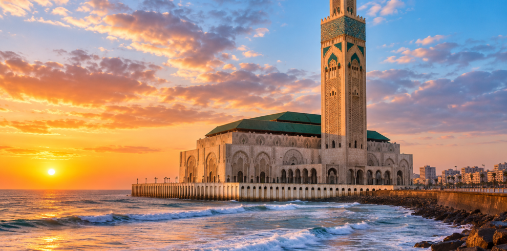 Hassan II Mosque overlooking the Atlantic Ocean in Casablanca, Morocco